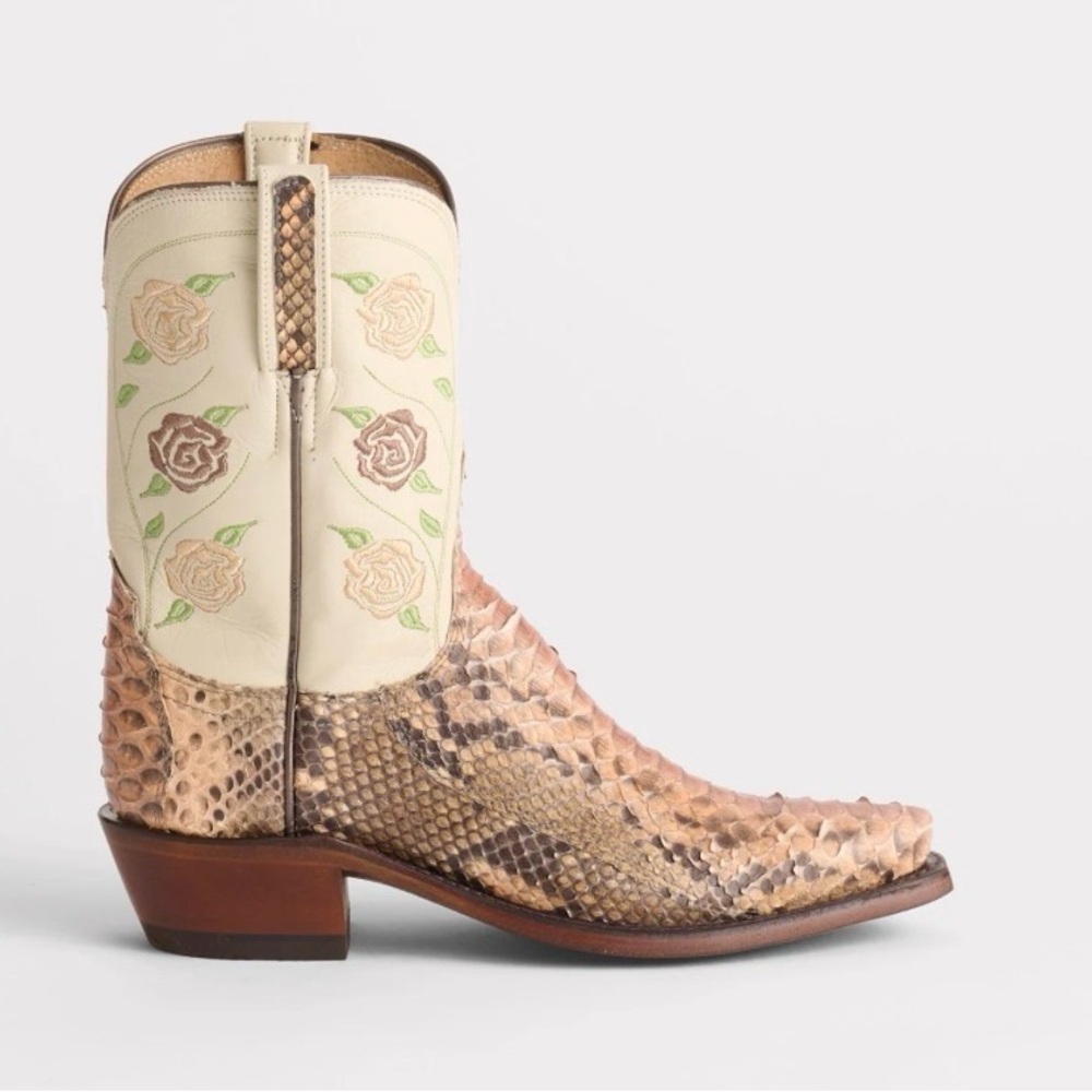 Lucchese Snakeskin and Cream Floral Heeled Boots